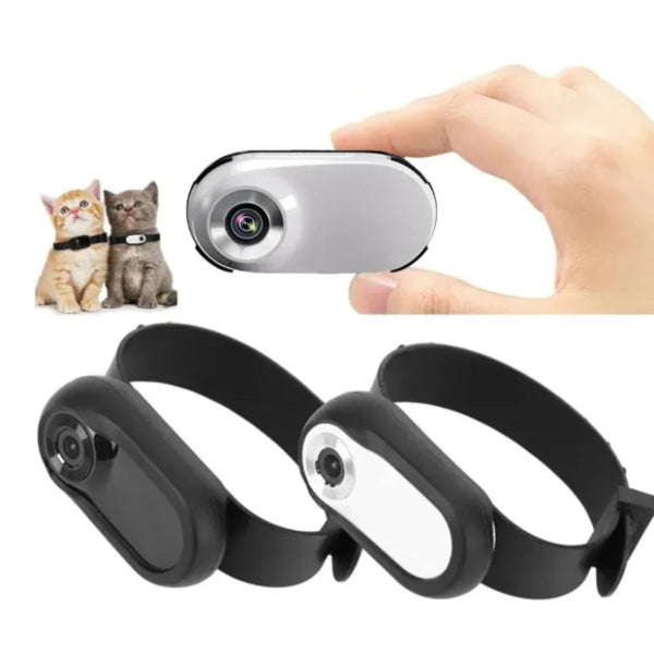 Pet tracking device with a hand holding it, and two cats wearing collars in the corner.
